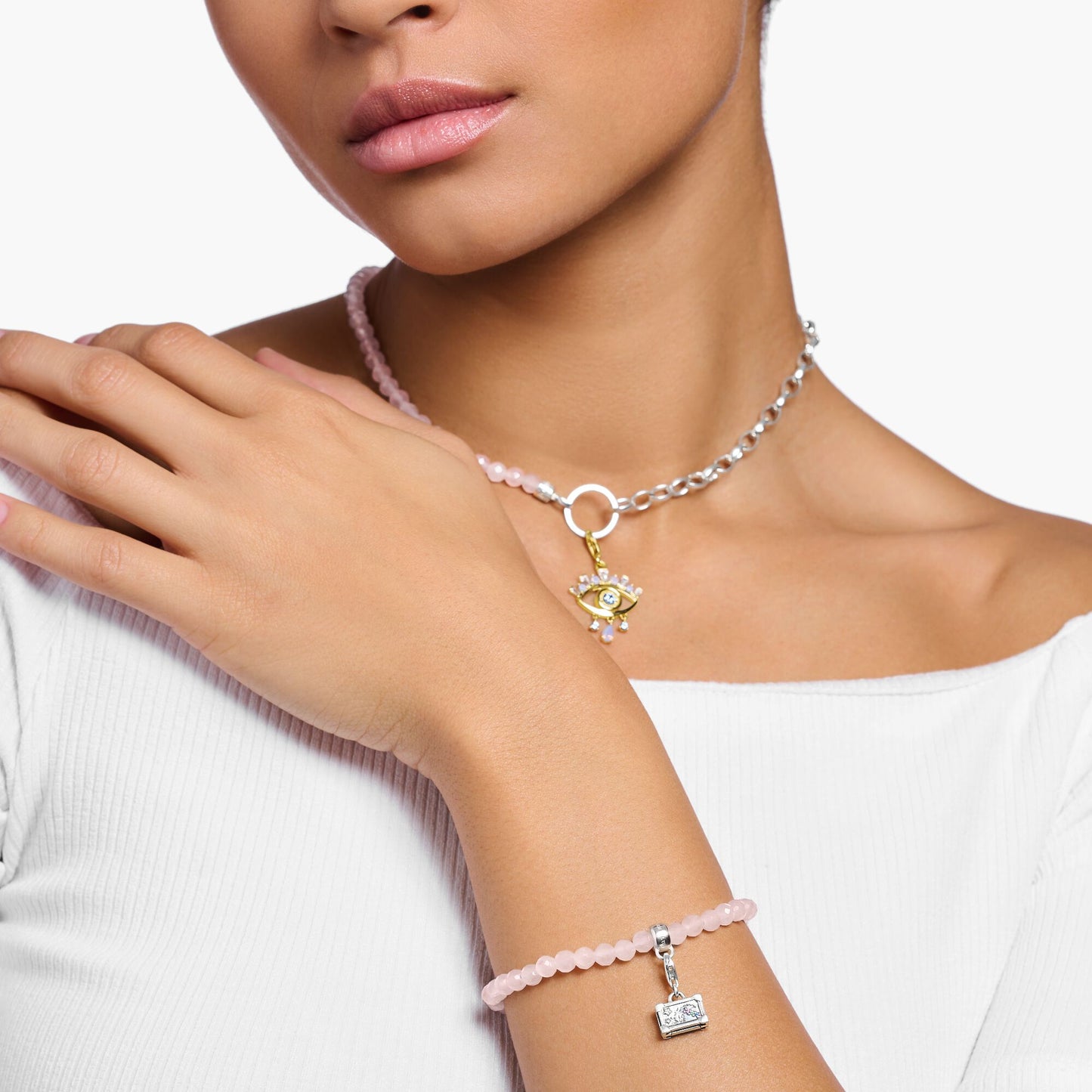 Charm-Armband mit Rosenquarz-Beads Silber - PERDONA